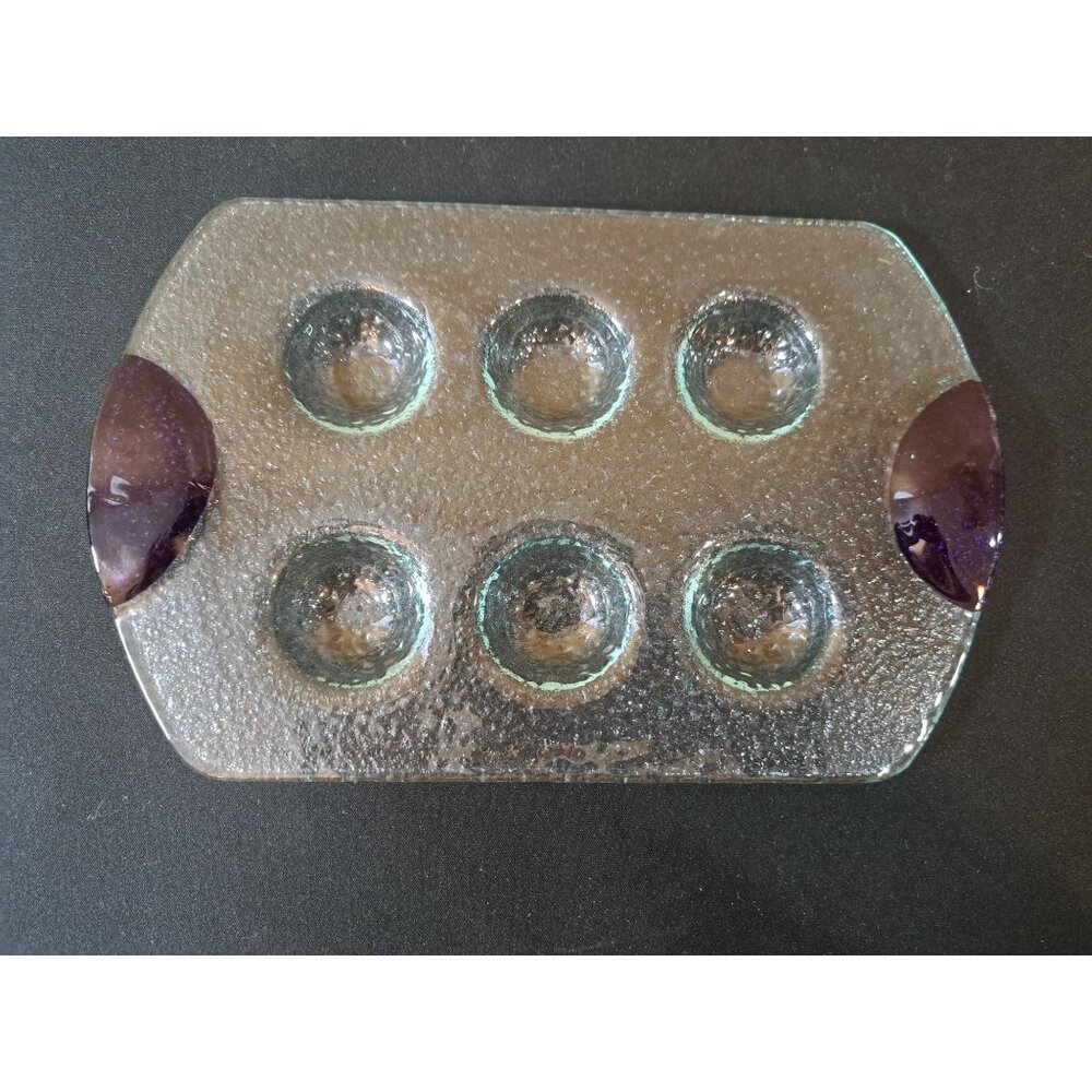 Clear Glass Art Deviled Egg Tray With Purple Accent For 6 Eggs